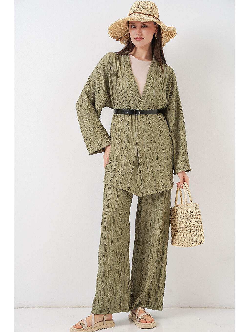 Yeşil Kadın Kimono Pantolon İkili Takım 30078 - Çağla-5