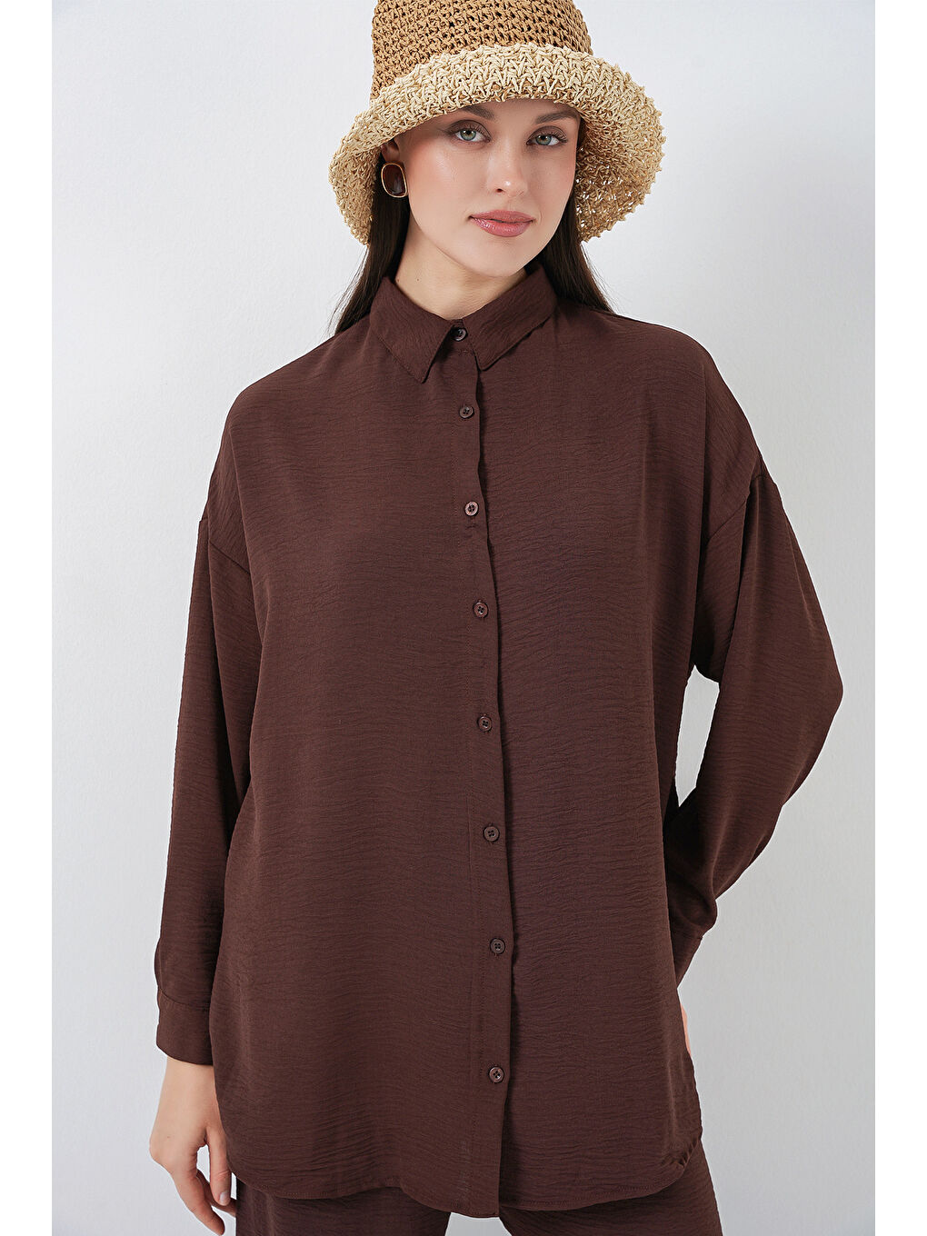 Kadın Gömlek Pantolon İkili Takım 30063 - Kahverengi-3