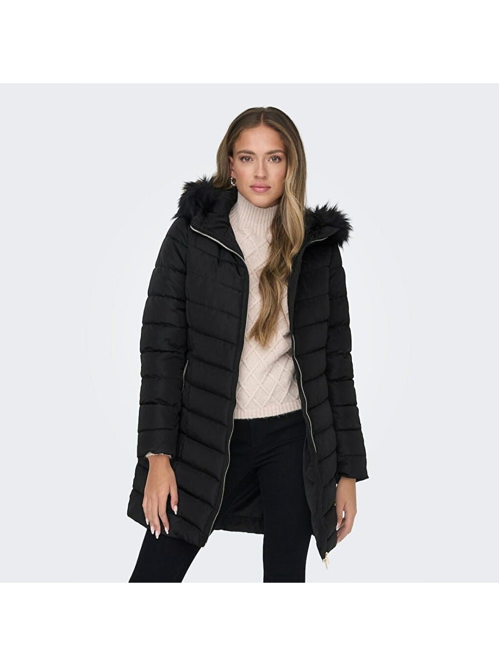 Only New Ellan Quilted Hood Fur Coat Kadın Beyaz Kapüşonlu Mont