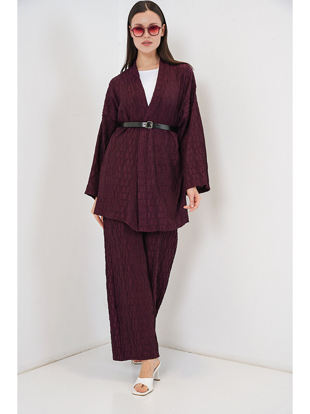 Kadın Kimono Pantolon İkili Takım 30078 - Bordo-3