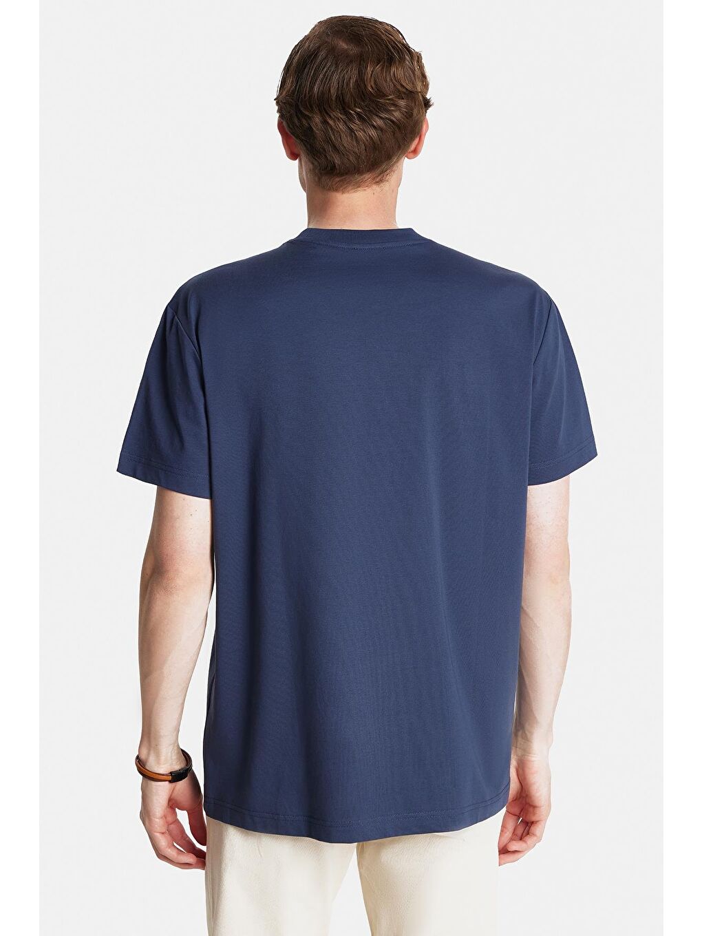 Relax Fit Rahat Kesim Pamuklu Ön Baskı Detaylı Bisiklet Yaka Lacivert Erkek Tişört-4