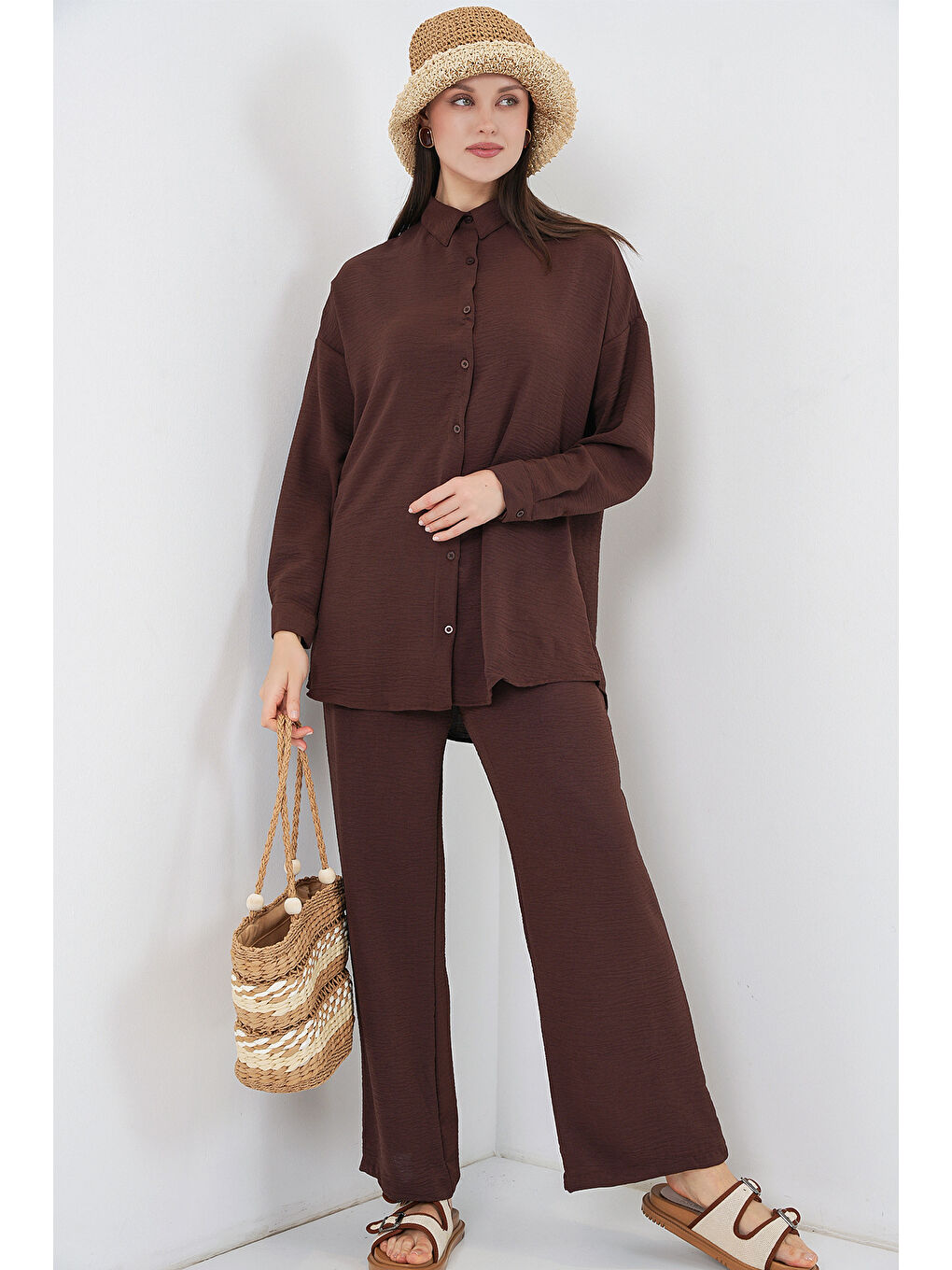 Kadın Gömlek Pantolon İkili Takım 30063 - Kahverengi-4