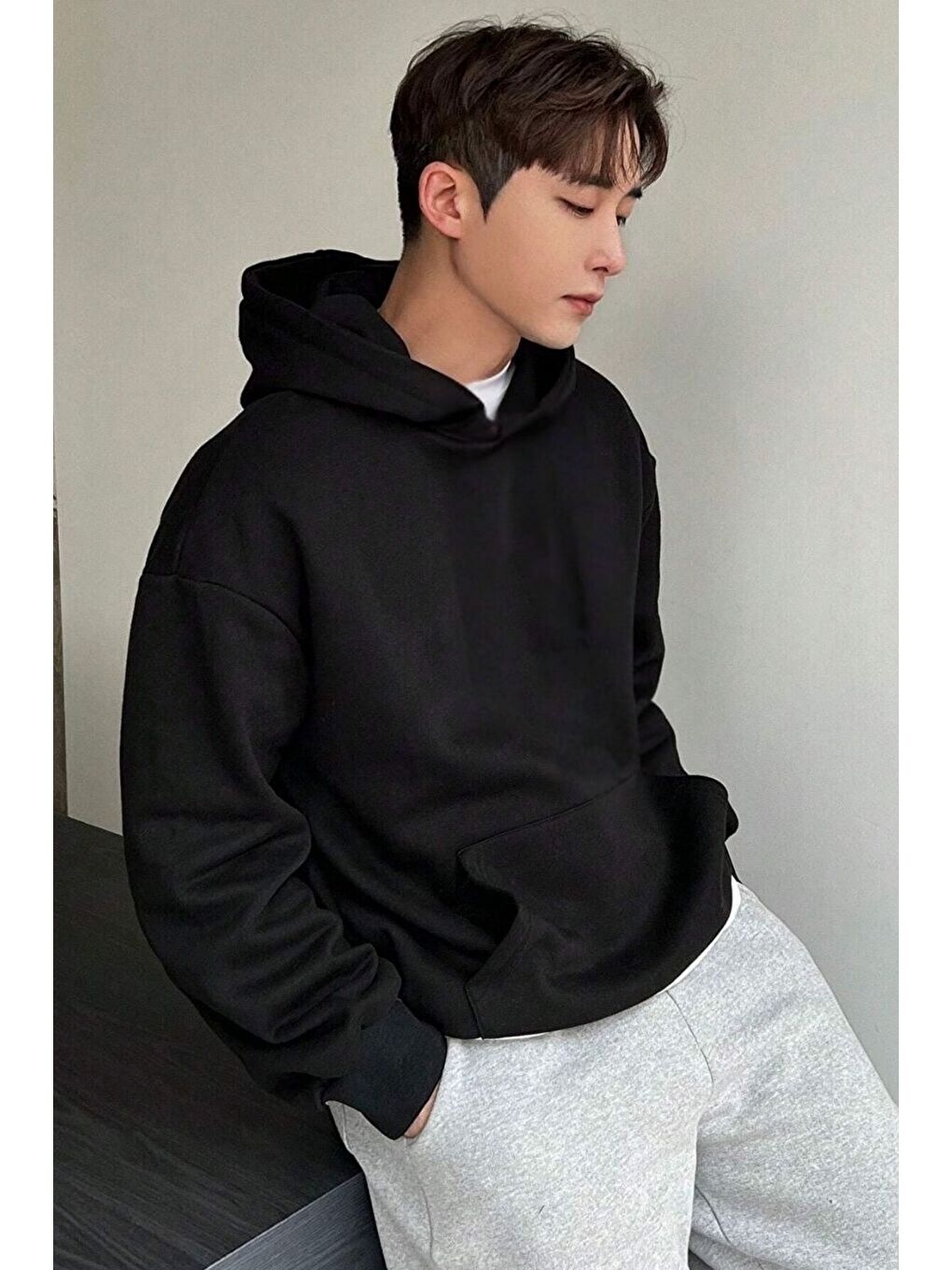 Siyah Black Rose Baskılı Oversize Kapüşonlu Sweatshirt Uzun Kollu Hoodie-1