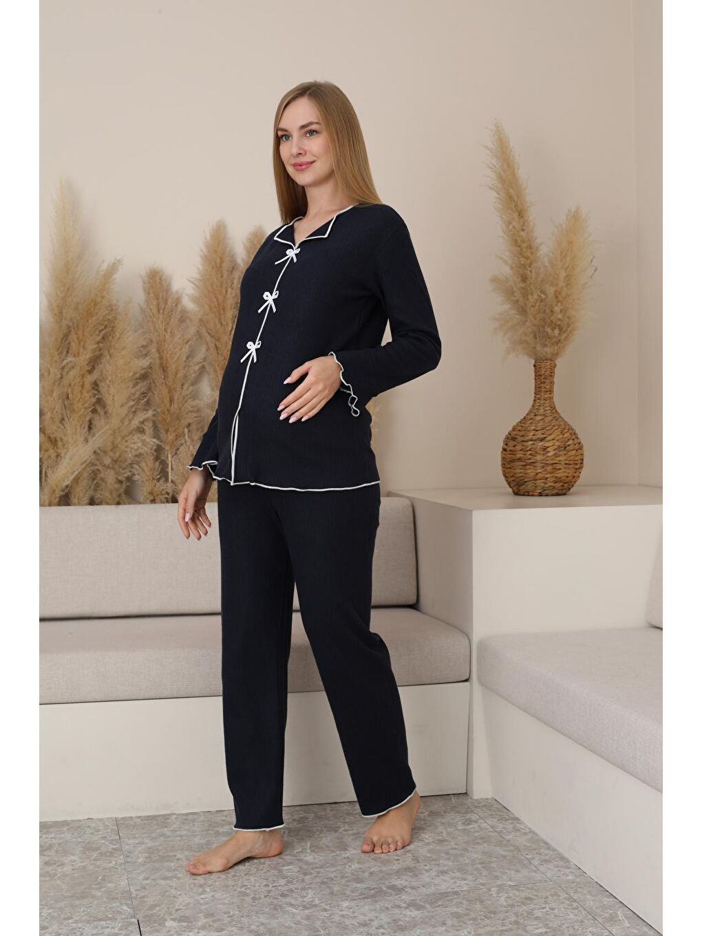 Lacivert  Hamile ve Lohusa Uzun Kollu Yumoş Kumaş Fiyonklu Bel Ayarlı Pijama Takımı-1