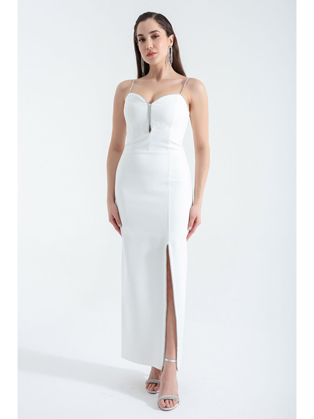 Kadın Beyaz Taş Askılı Yırtmaçlı Midi Abiye Elbise-3