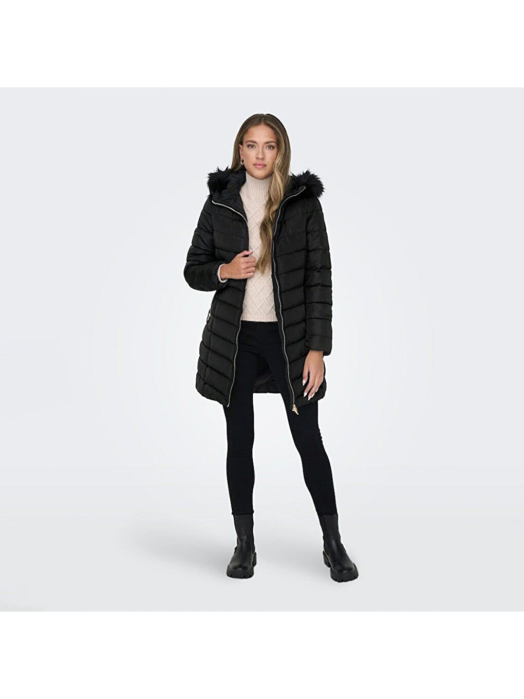 Only New Ellan Quilted Hood Fur Coat Kadın Beyaz Kapüşonlu Mont - 1