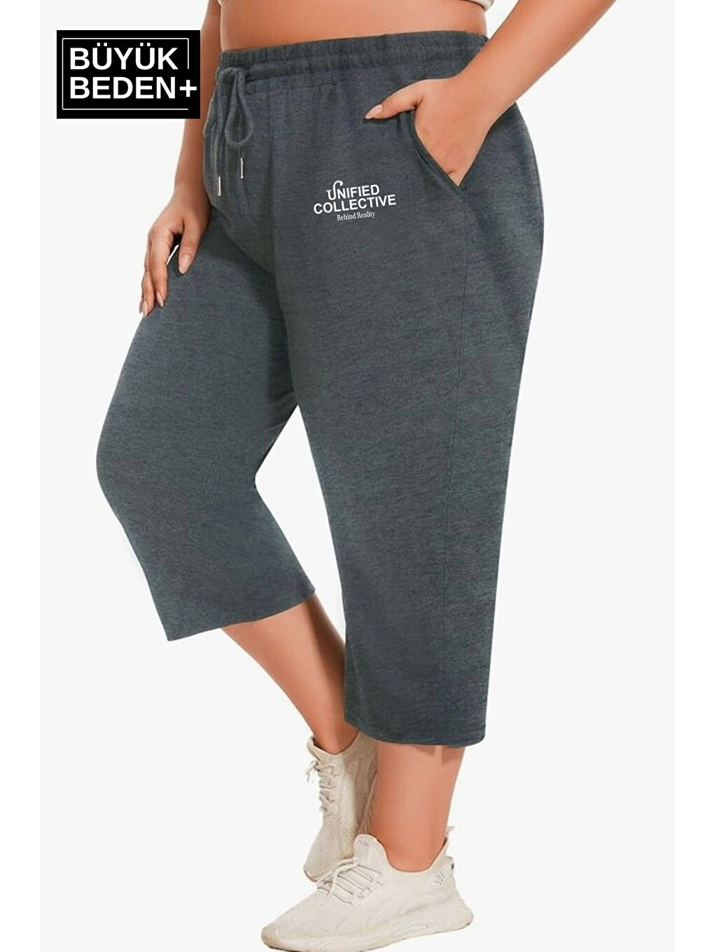 Gri Kadın Büyük Beden Unified Collective Baskılı Standart &Regular Kalıp Şort SPR25BSRK088-1