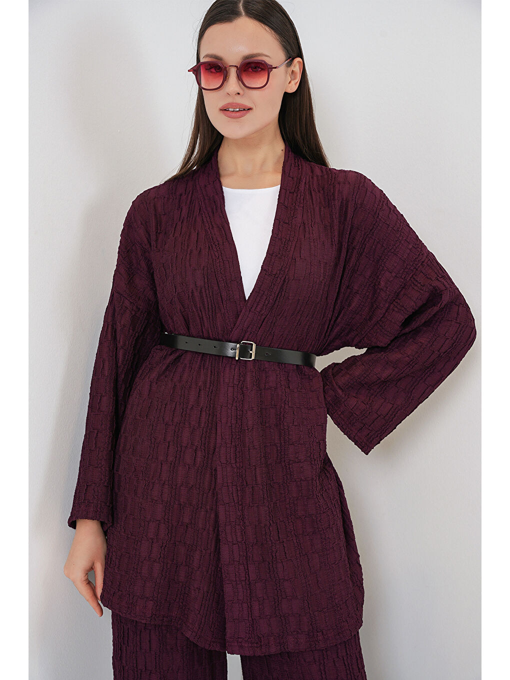 Kadın Kimono Pantolon İkili Takım 30078 - Bordo-4