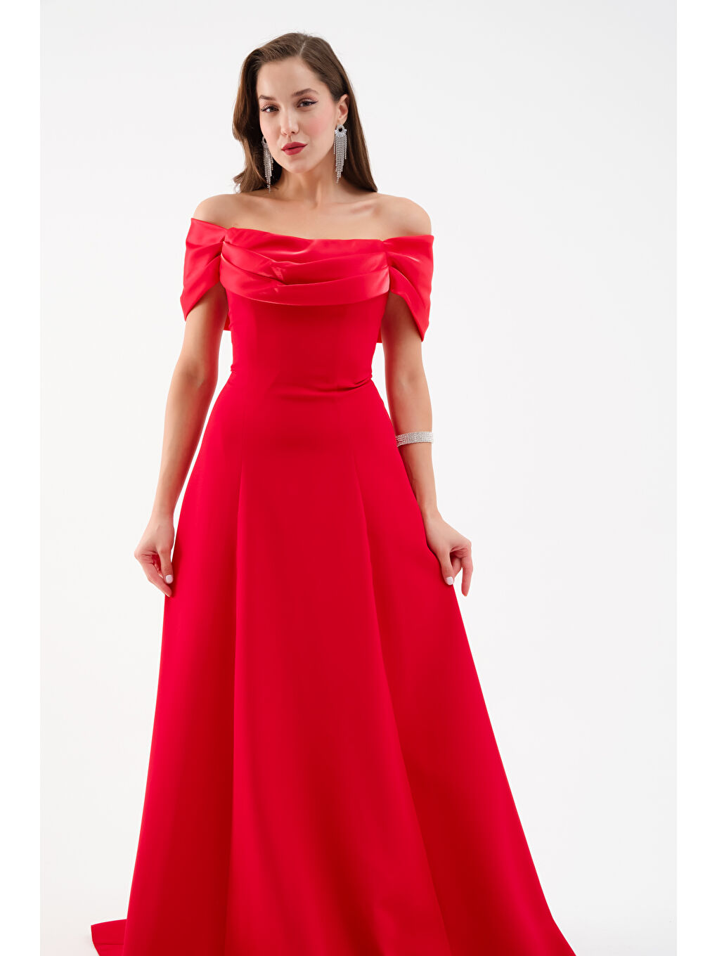 Kadın Kırmızı Yaka Detay Söz Nişan Uzun Abiye Elbise-2
