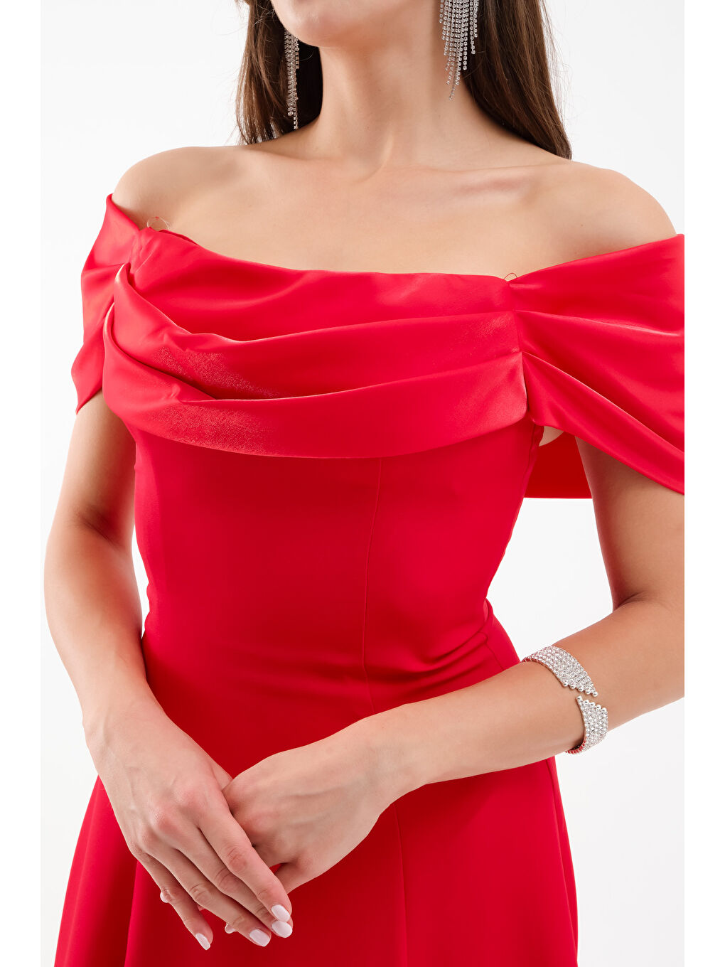 Kadın Kırmızı Yaka Detay Söz Nişan Uzun Abiye Elbise-3