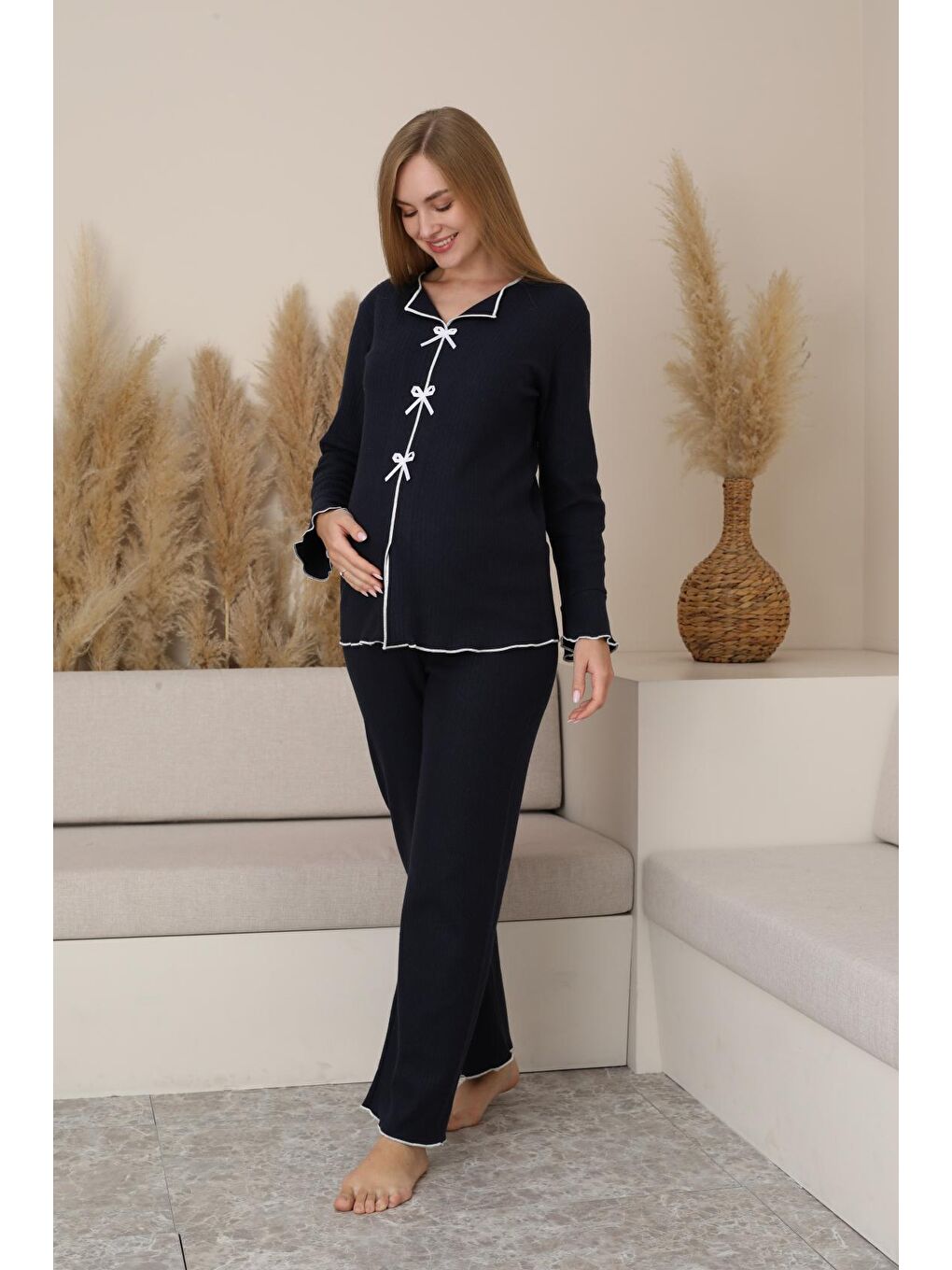 Lacivert  Hamile ve Lohusa Uzun Kollu Yumoş Kumaş Fiyonklu Bel Ayarlı Pijama Takımı-2