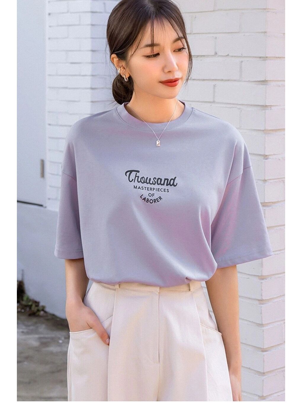 Lila Kadın LİLA Bisiklet Yaka Thousand Baskılı Oversize T Shirt-2