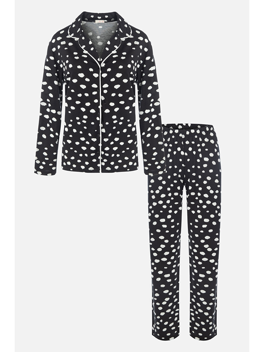 Siyah Kadın Gömlek Yaka Benek/ Puan Desenli Ara Biye Detaylı Pijama Takımı