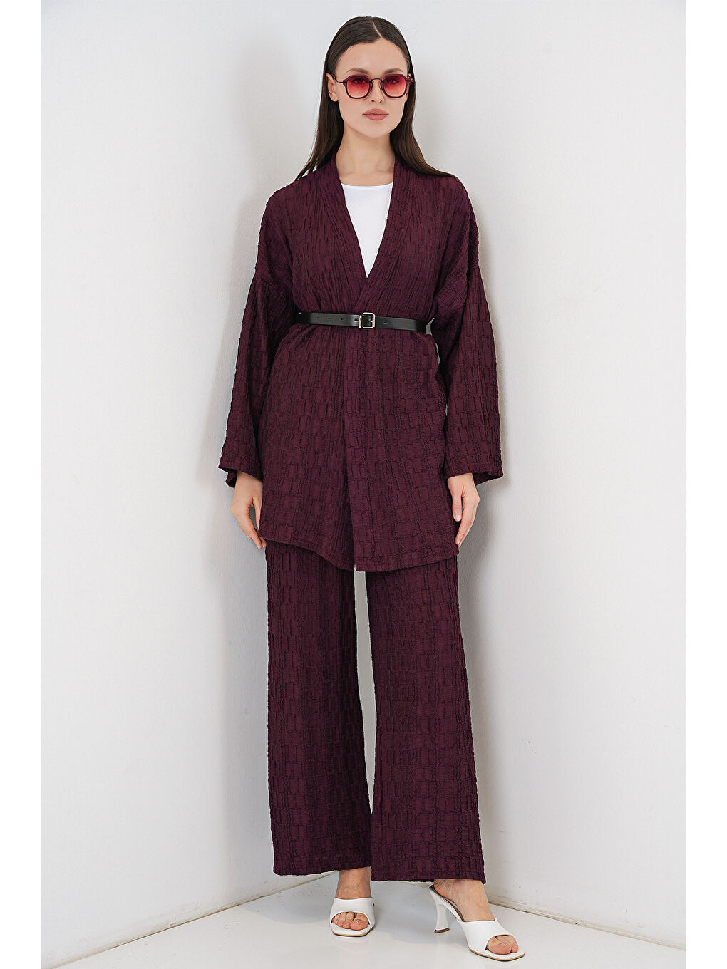 Kadın Kimono Pantolon İkili Takım 30078 - Bordo-5