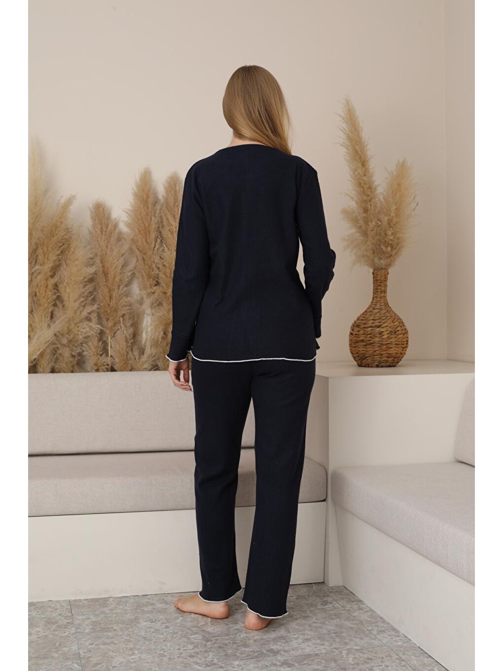 Lacivert  Hamile ve Lohusa Uzun Kollu Yumoş Kumaş Fiyonklu Bel Ayarlı Pijama Takımı-3