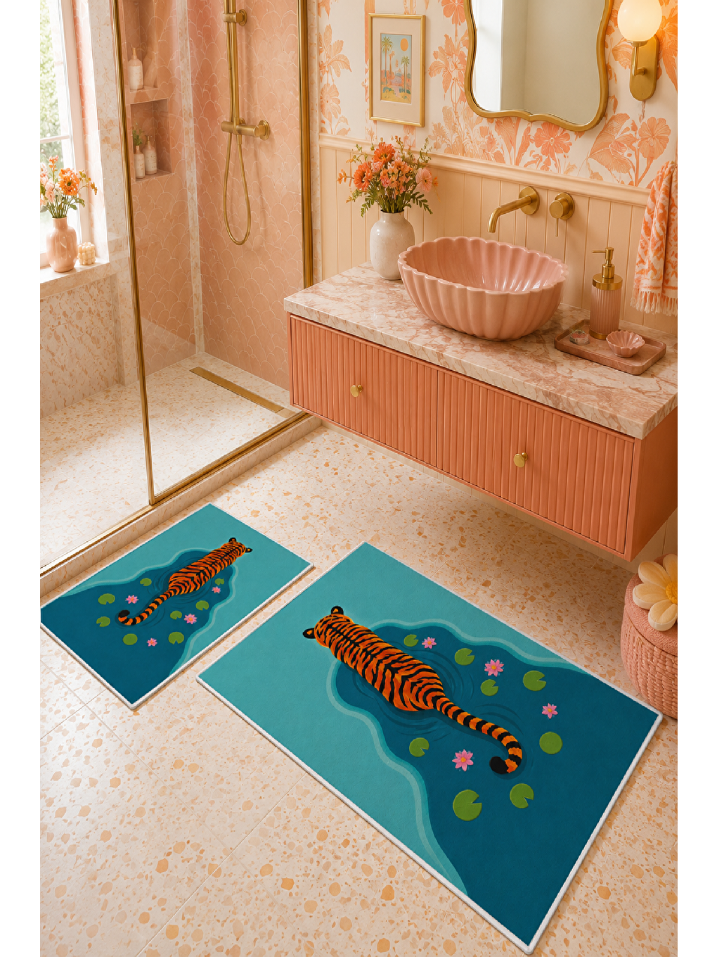 Turkuaz Kaplan Desenli Kaymaz Taban Banyo Paspası 2’li Set-7