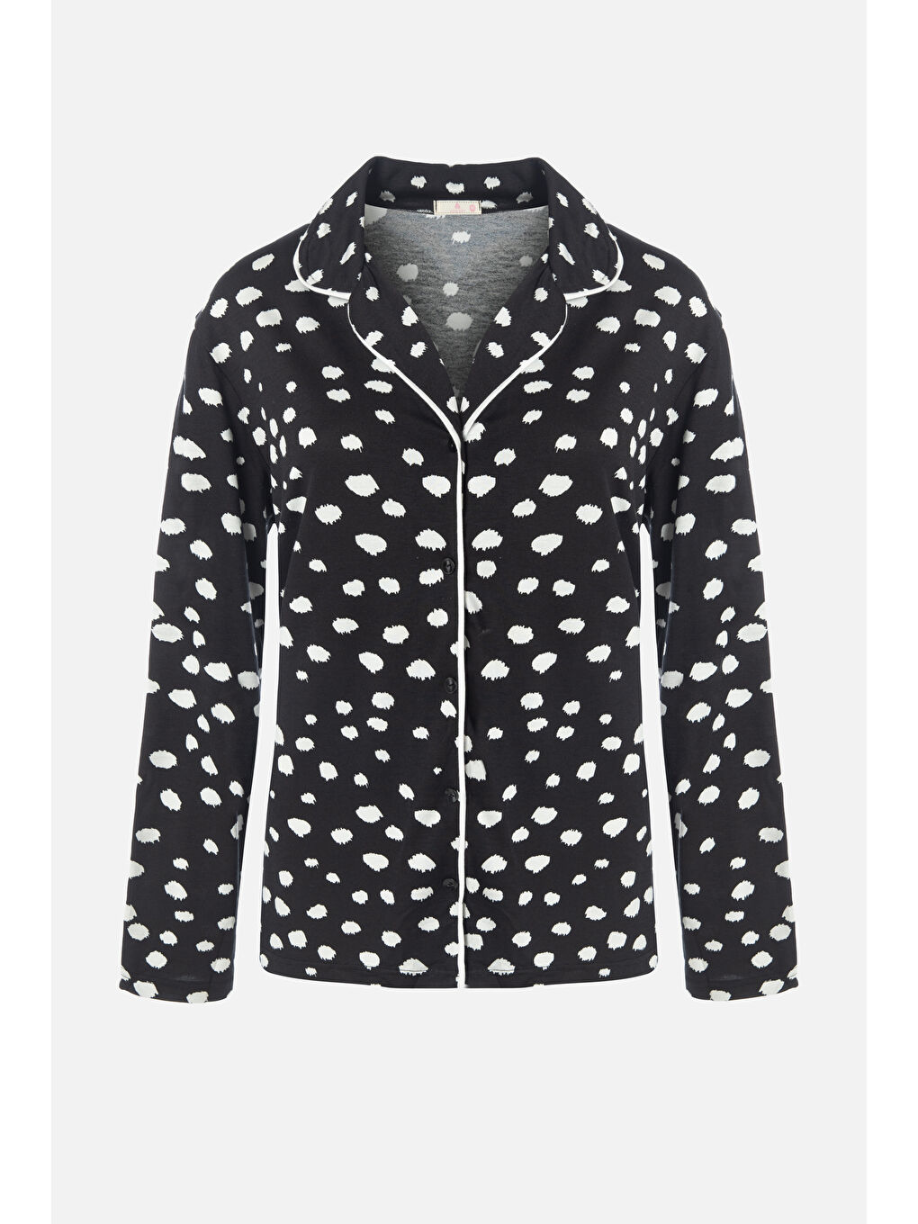 Siyah Kadın Gömlek Yaka Benek/ Puan Desenli Ara Biye Detaylı Pijama Takımı-1