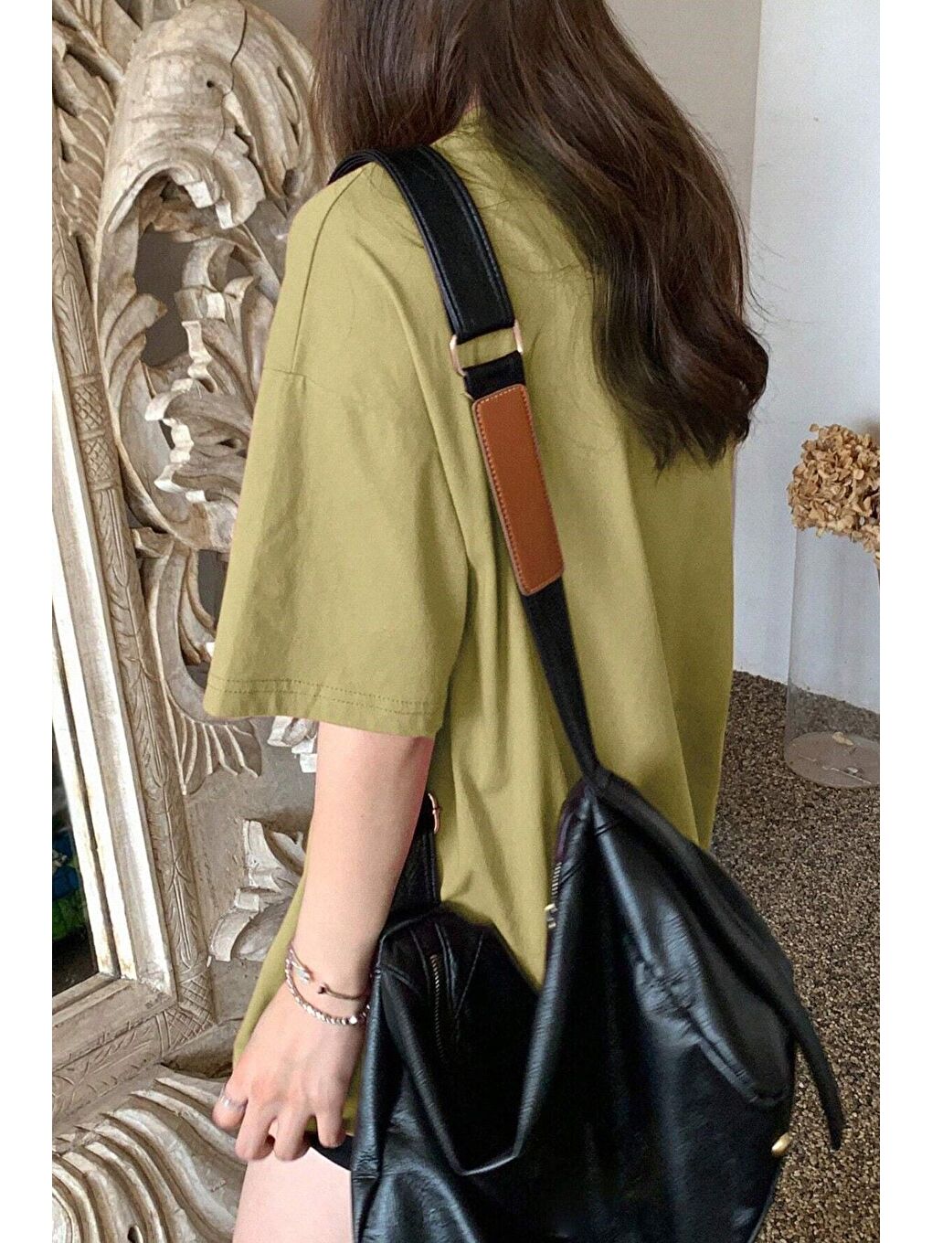 Yeşil Kadın KOYU YEŞİLi Bisiklet Yaka Thousand Baskılı Oversize T Shirt-1