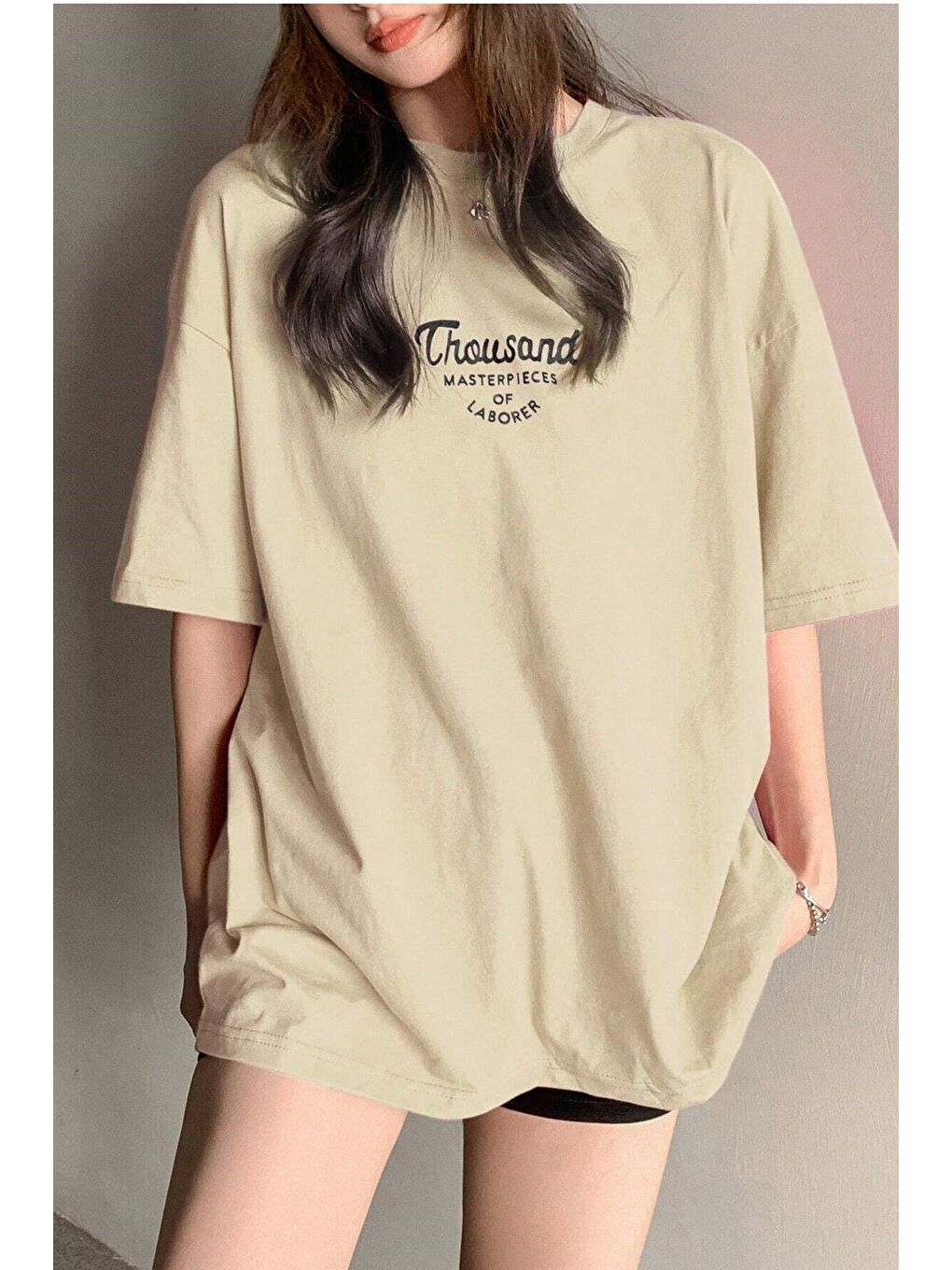 Bej Kadın BEJ Bisiklet Yaka Thousand Baskılı Oversize T Shirt
