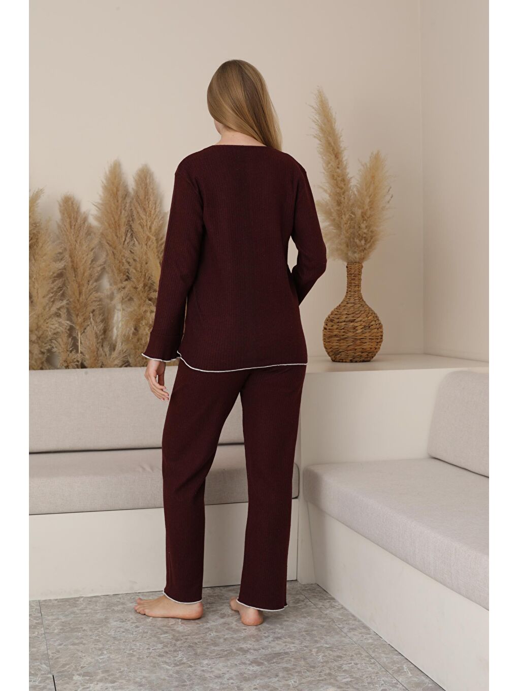 Bordo Hamile ve Lohusa Uzun Kollu Yumoş Kumaş Fiyonklu Bel Ayarlı Pijama Takımı-1