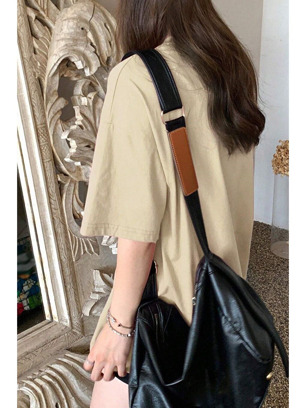 Bej Kadın BEJ Bisiklet Yaka Thousand Baskılı Oversize T Shirt-1