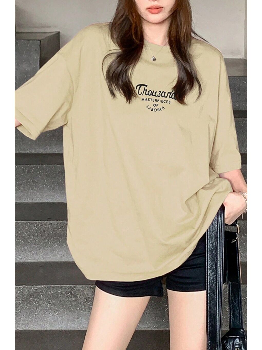 Bej Kadın BEJ Bisiklet Yaka Thousand Baskılı Oversize T Shirt-2