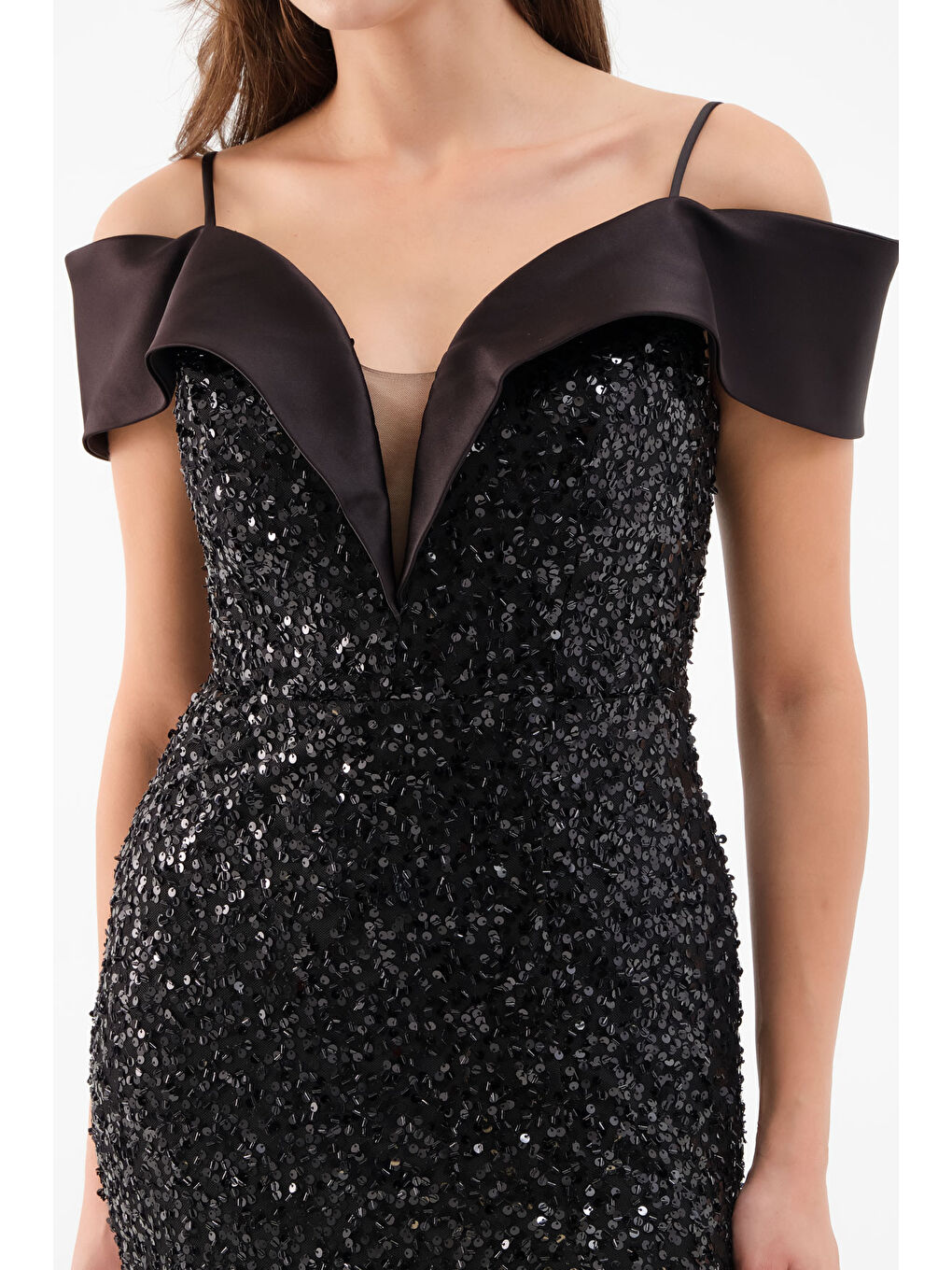 Kadın Siyah Kayık Yaka Yırtmaçlı Söz Nişan Nikah Abiye Elbise-1