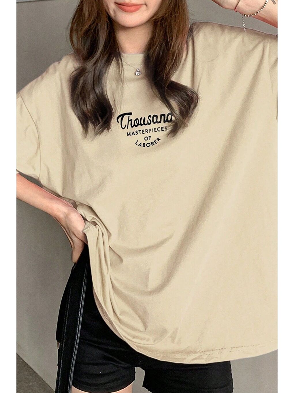 Bej Kadın BEJ Bisiklet Yaka Thousand Baskılı Oversize T Shirt-3