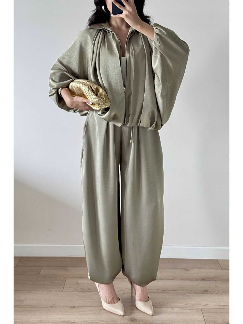 Yeşil Kadın Çağla Saten Bomber Ceket Pantolon Takım 1046-9584