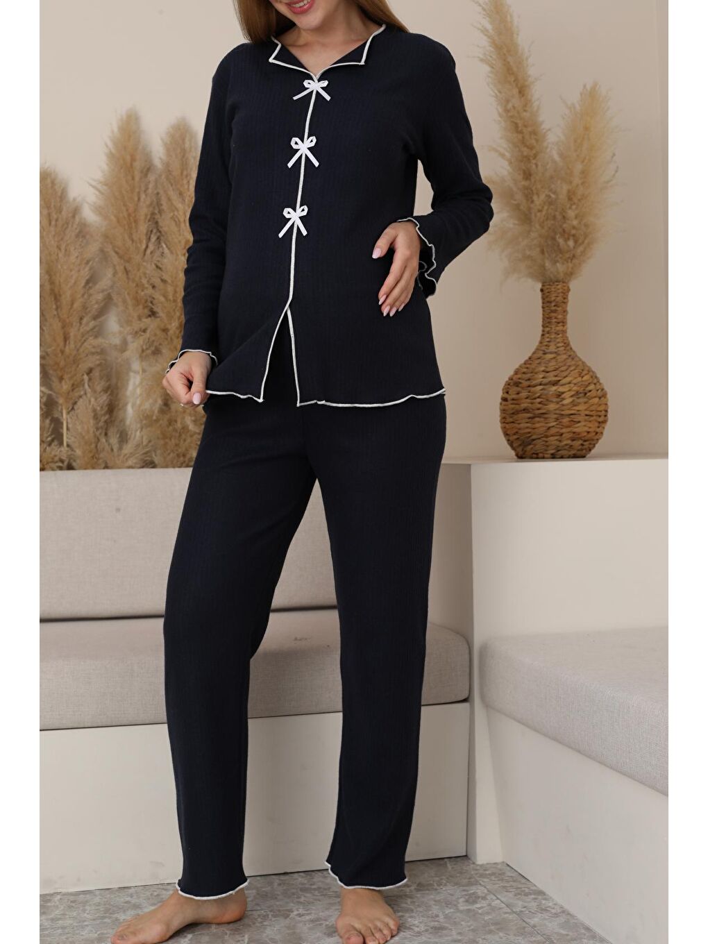 Lacivert  Hamile ve Lohusa Uzun Kollu Yumoş Kumaş Fiyonklu Bel Ayarlı Pijama Takımı-4