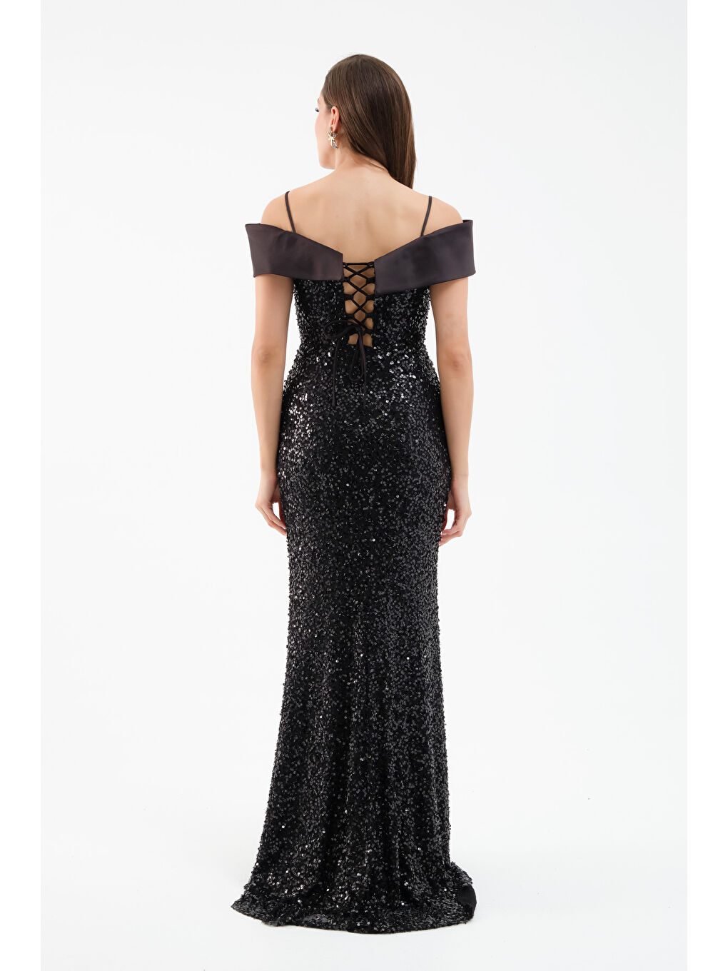 Kadın Siyah Kayık Yaka Yırtmaçlı Söz Nişan Nikah Abiye Elbise-4