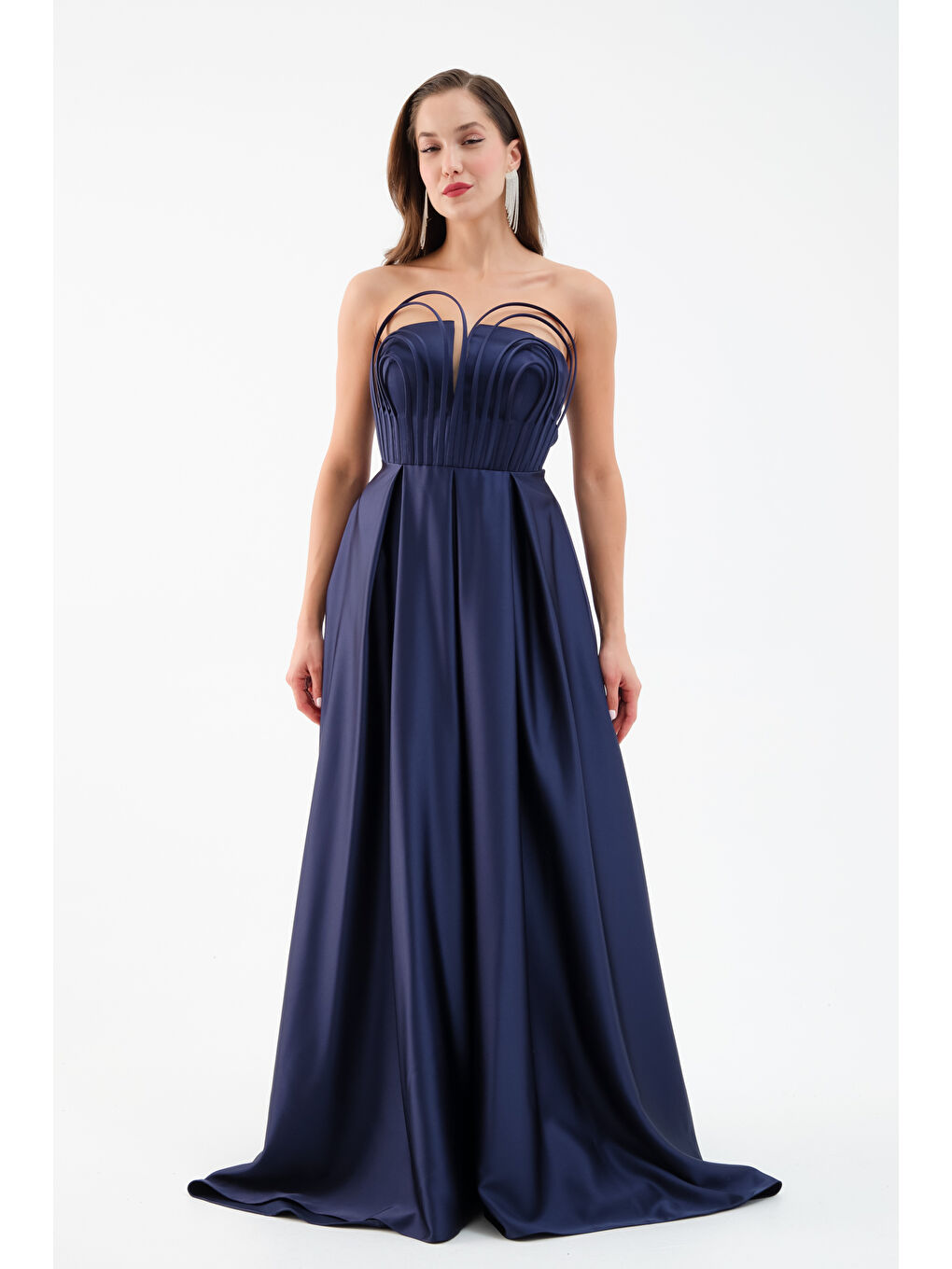 Kadın Lacivert Göğüs Detay Uzun Saten Abiye Elbise-2