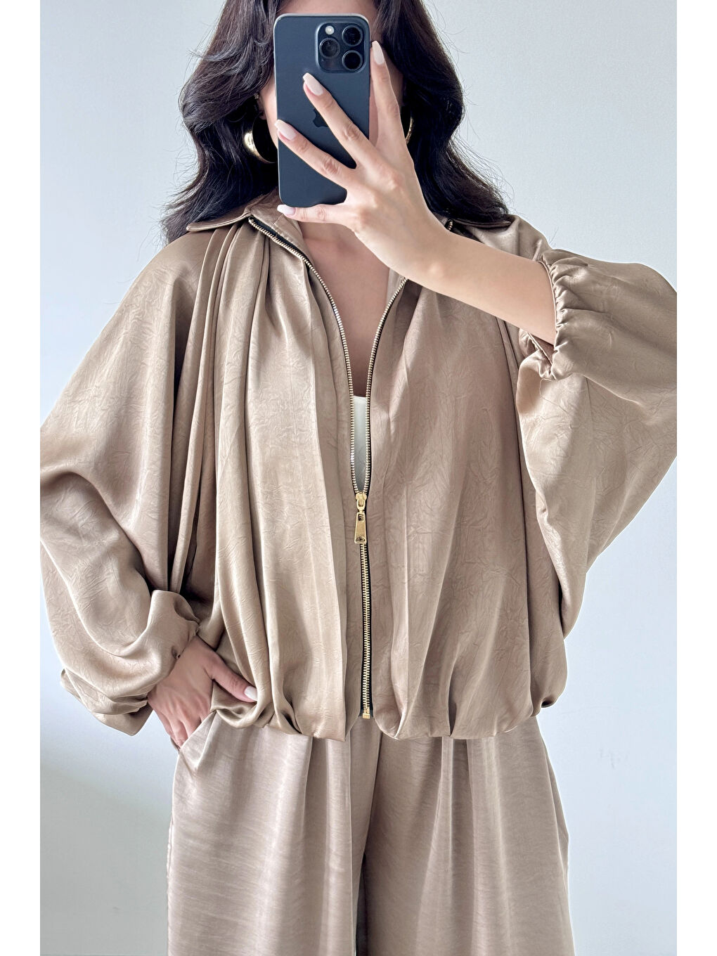 Bej Kadın Vizon Saten Bomber Ceket Pantolon Takım 1046-9584-4