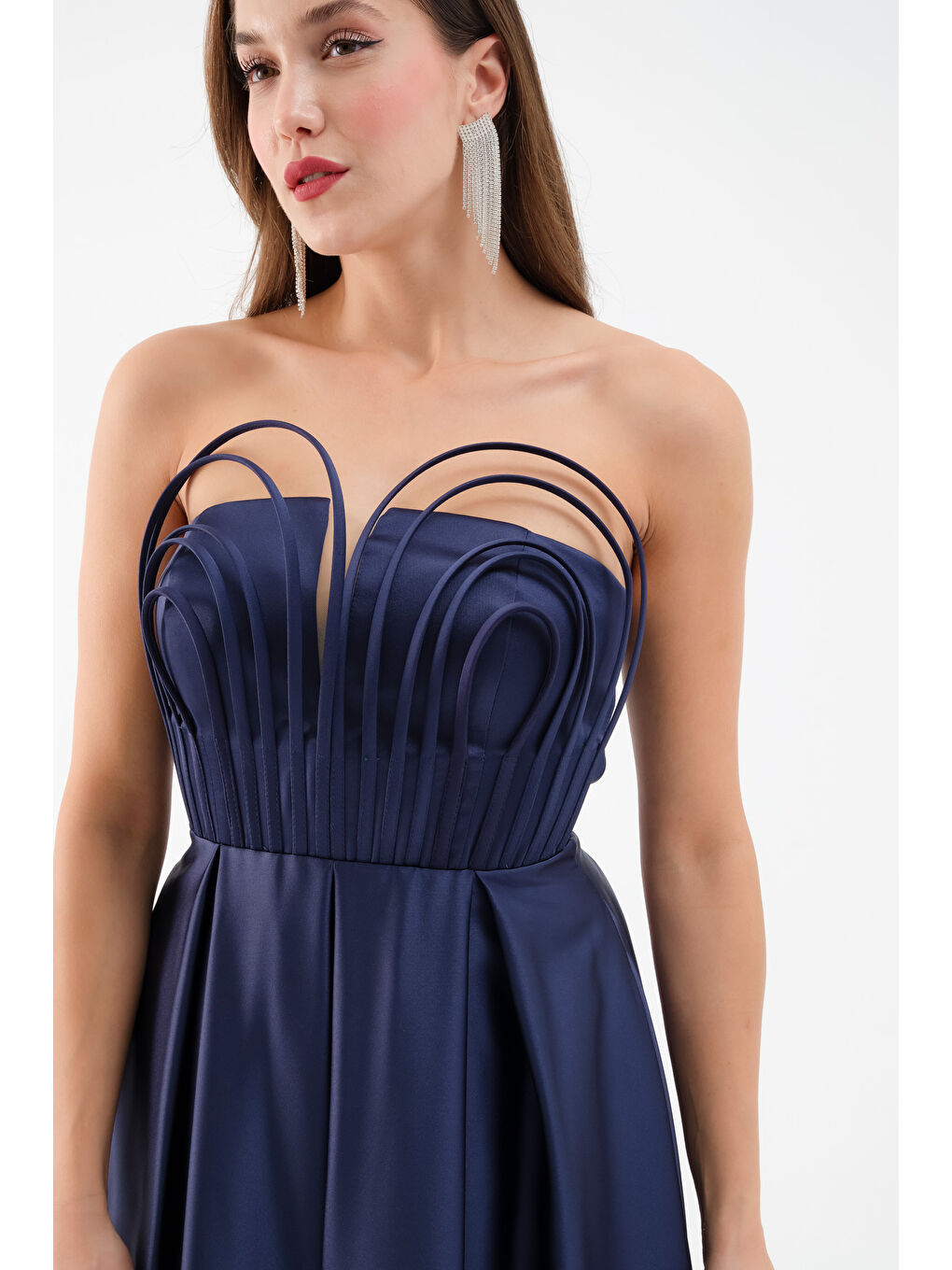 Kadın Lacivert Göğüs Detay Uzun Saten Abiye Elbise-3