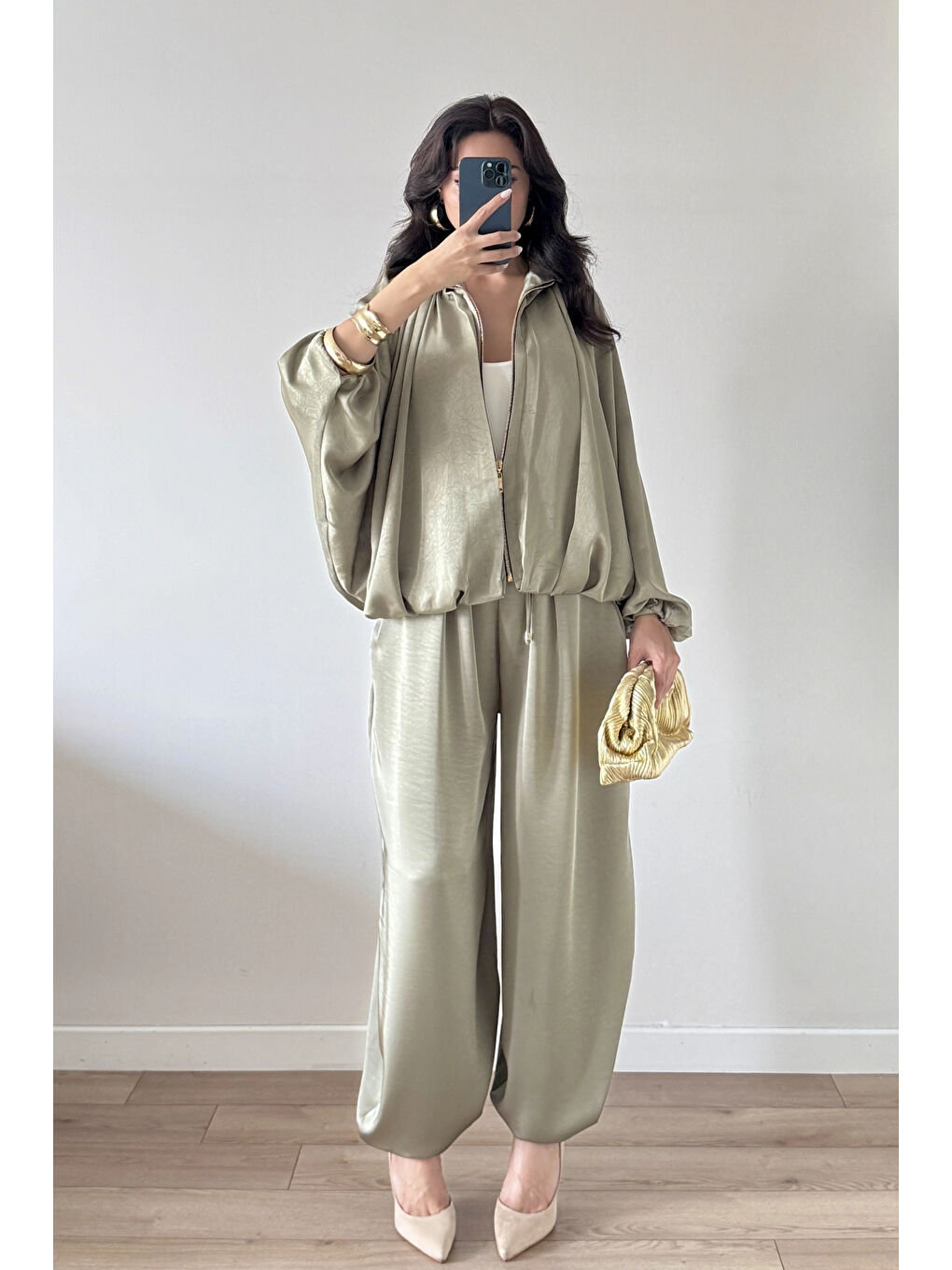 Yeşil Kadın Çağla Saten Bomber Ceket Pantolon Takım 1046-9584-1