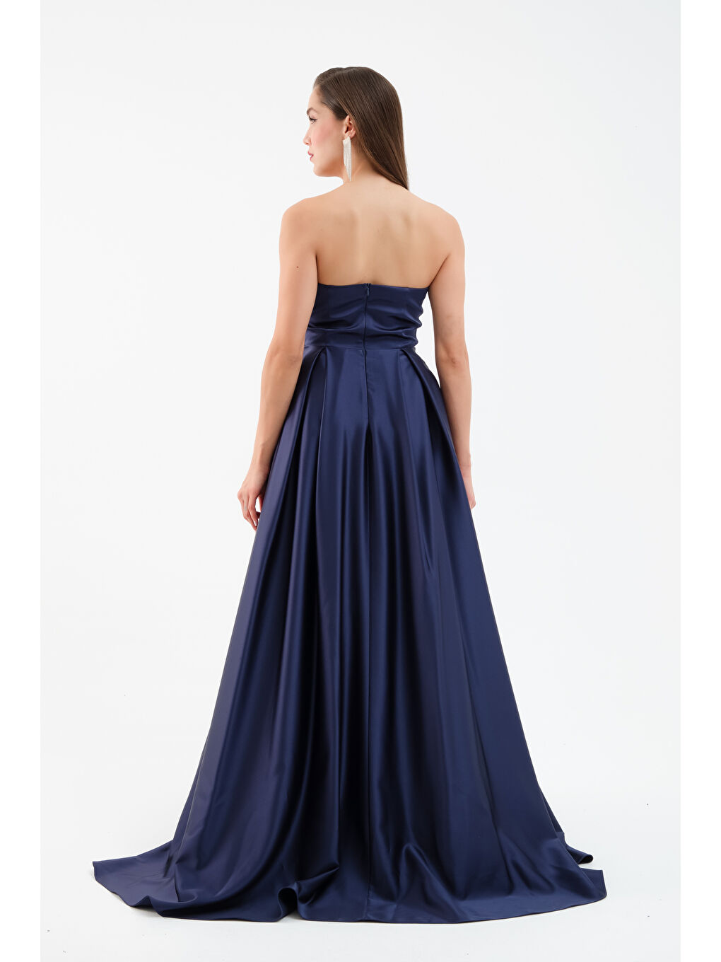 Kadın Lacivert Göğüs Detay Uzun Saten Abiye Elbise-4