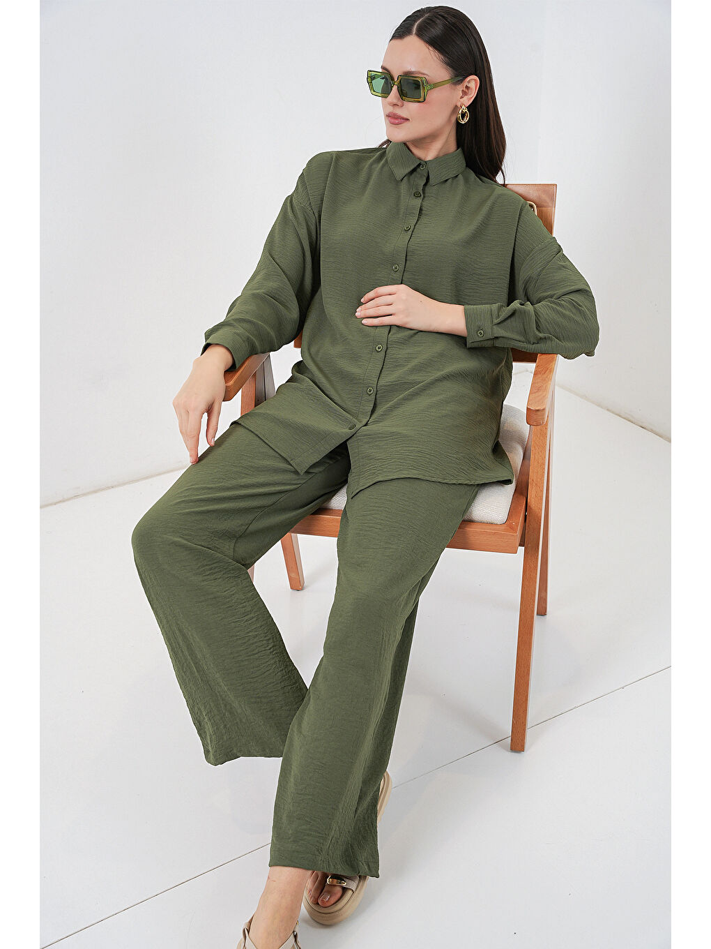 Kadın Gömlek Pantolon İkili Takım 30063 - Haki-1