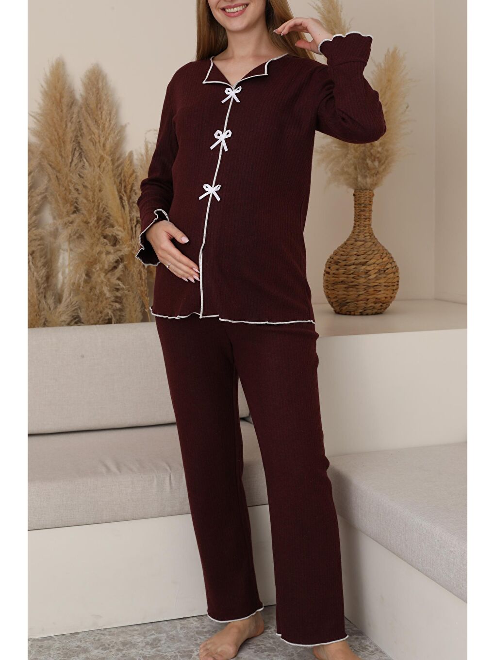 Bordo Hamile ve Lohusa Uzun Kollu Yumoş Kumaş Fiyonklu Bel Ayarlı Pijama Takımı-2
