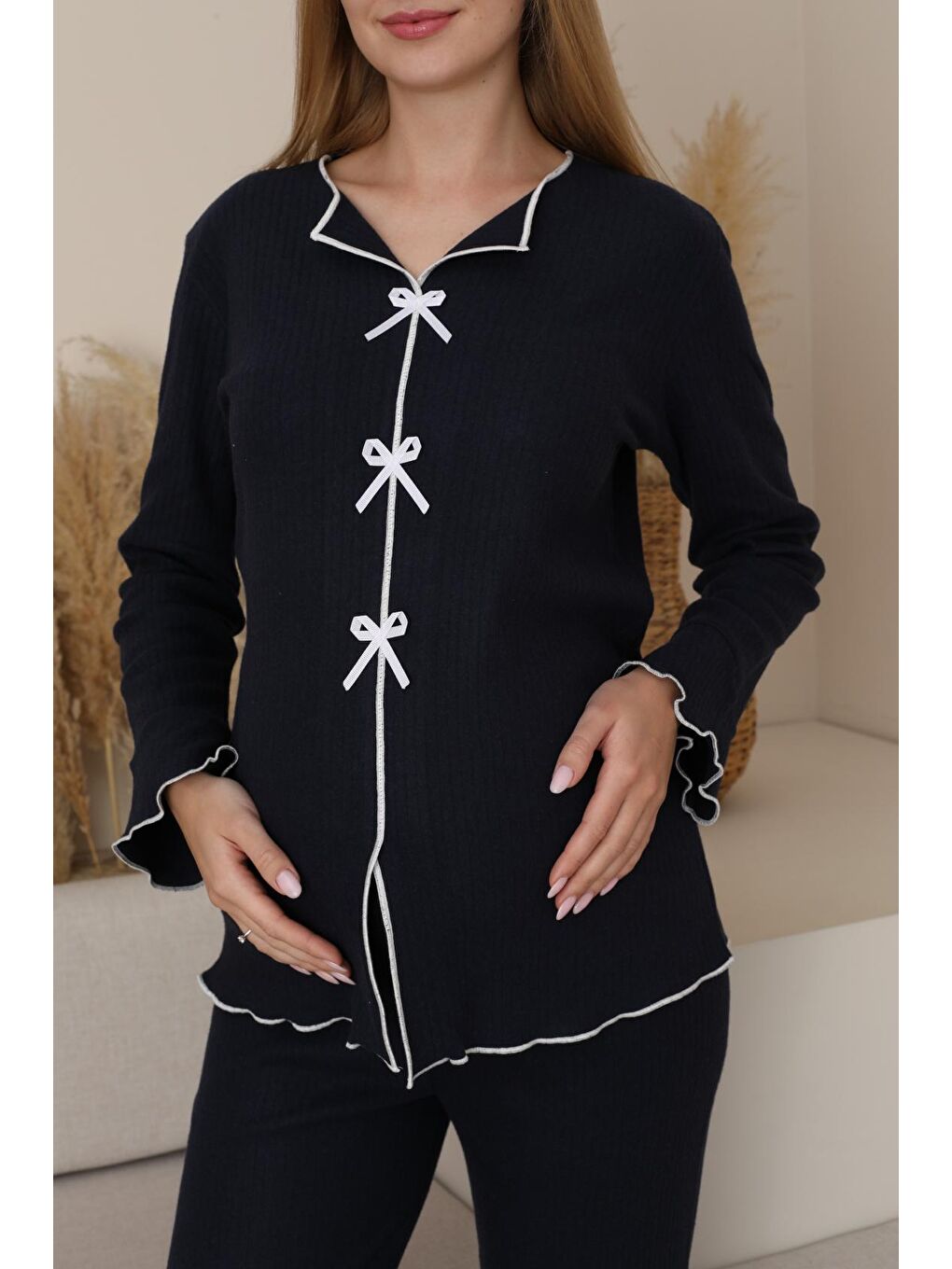 Lacivert  Hamile ve Lohusa Uzun Kollu Yumoş Kumaş Fiyonklu Bel Ayarlı Pijama Takımı-5