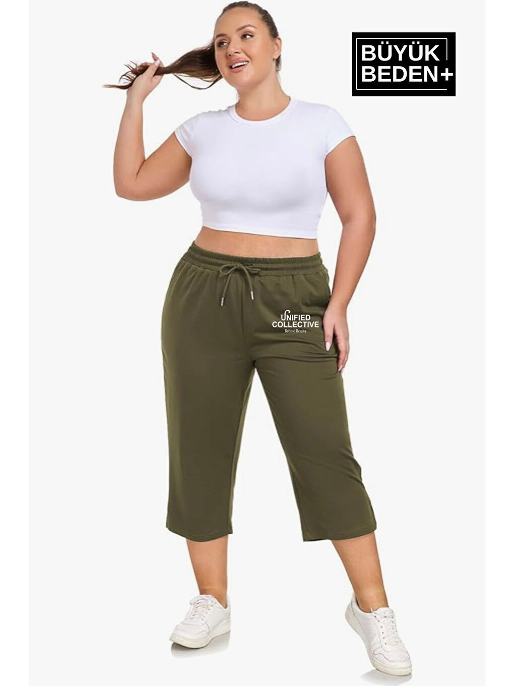Haki Kadın Büyük Beden Unified Collective Baskılı Standart &Regular Kalıp Şort SPR25BSRK088