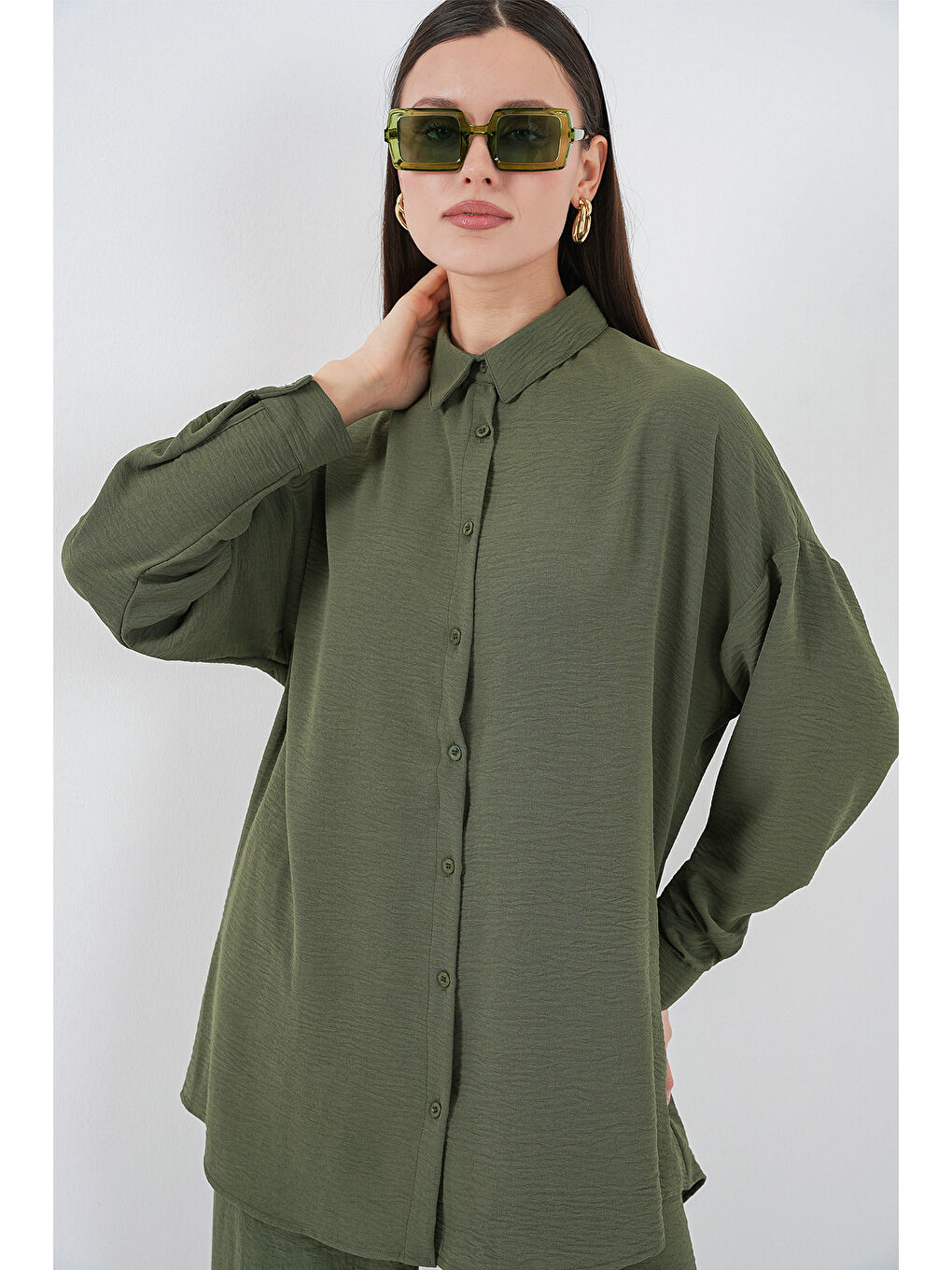 Kadın Gömlek Pantolon İkili Takım 30063 - Haki-2