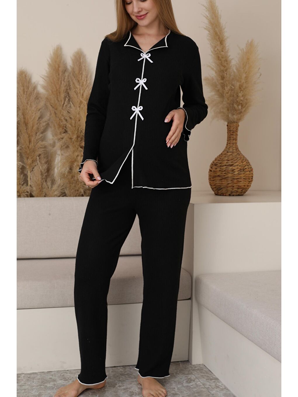 Siyah Hamile ve Lohusa Uzun Kollu Yumoş Kumaş Fiyonklu Bel Ayarlı Pijama Takımı-1