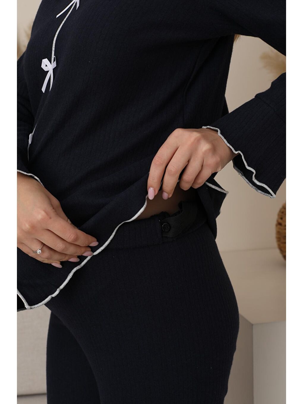 Lacivert  Hamile ve Lohusa Uzun Kollu Yumoş Kumaş Fiyonklu Bel Ayarlı Pijama Takımı-6