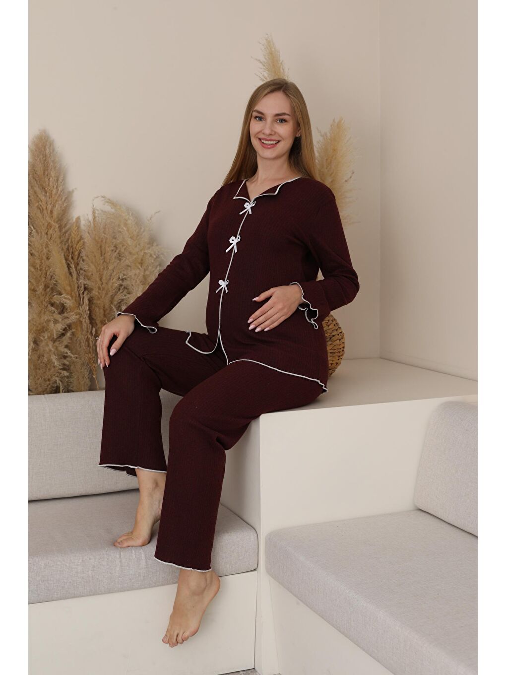 Bordo Hamile ve Lohusa Uzun Kollu Yumoş Kumaş Fiyonklu Bel Ayarlı Pijama Takımı-3