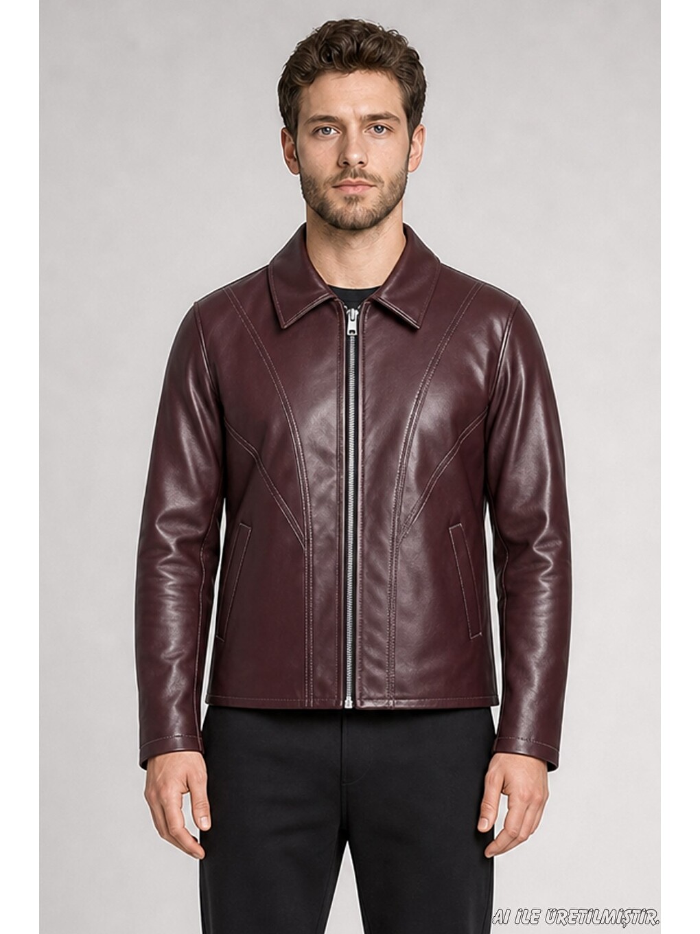 Bordo Erkek Fermuarlı Regular Fit İçi Kürklü Suni Deri Ceket