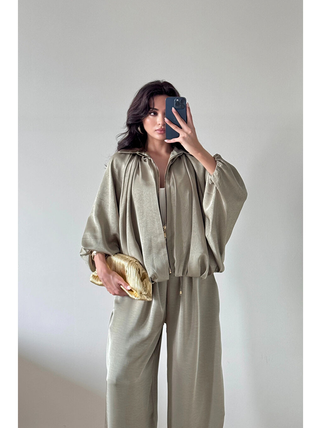 Yeşil Kadın Çağla Saten Bomber Ceket Pantolon Takım 1046-9584-3