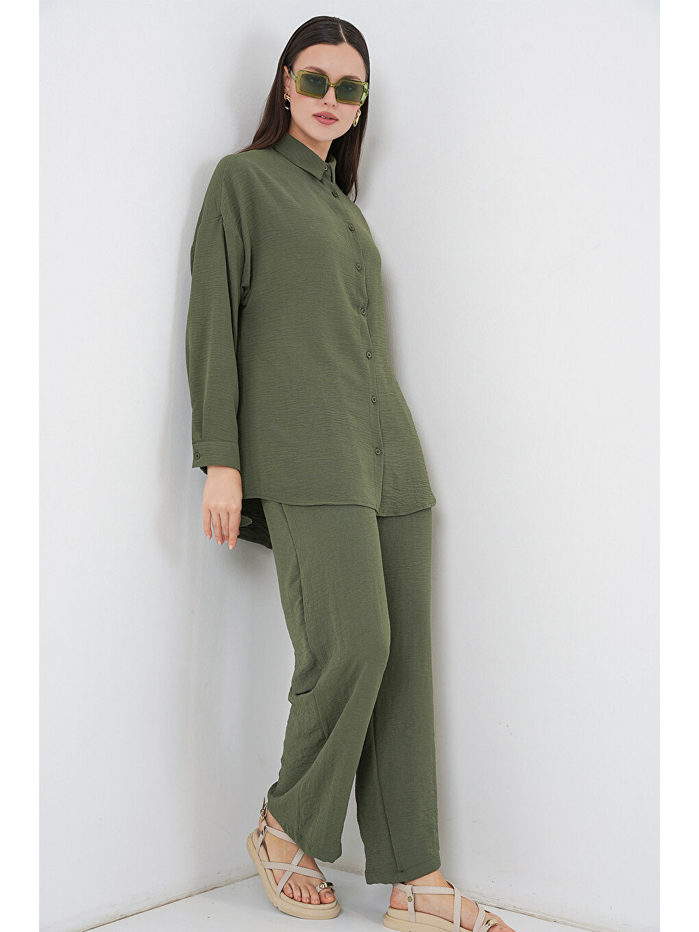 Kadın Gömlek Pantolon İkili Takım 30063 - Haki-3