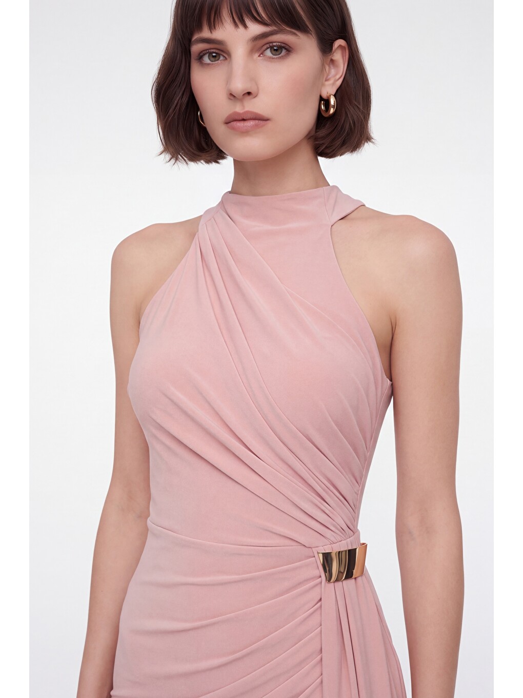 Pembe Kadın Pudra Halter Yaka Aksesuar Detay Uzun Abiye Elbise-2