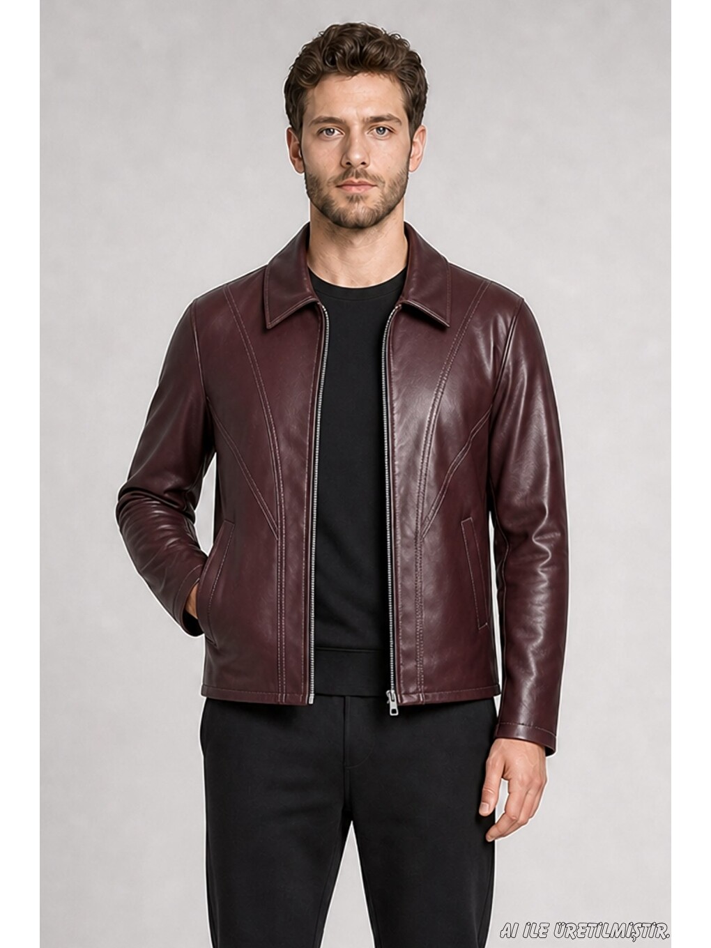 Bordo Erkek Fermuarlı Regular Fit İçi Kürklü Suni Deri Ceket-1