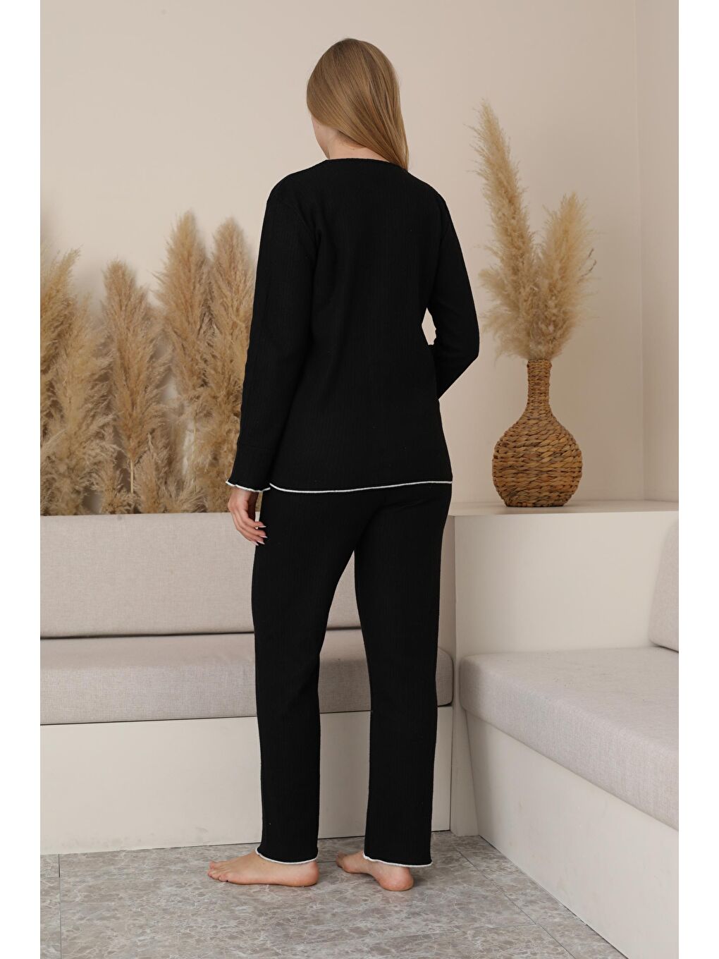 Siyah Hamile ve Lohusa Uzun Kollu Yumoş Kumaş Fiyonklu Bel Ayarlı Pijama Takımı-2